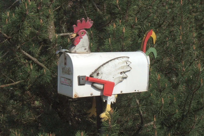 a mailbox with a chicken sticking out of it