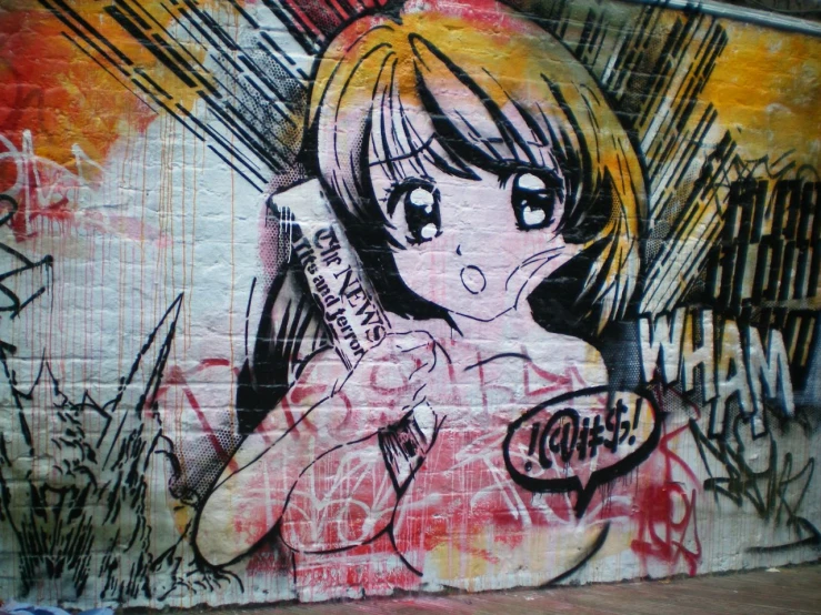 the graffiti is very detailed to it and features an angry girl holding a gun