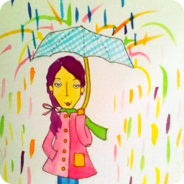 a painting of a  in the rain with an umbrella