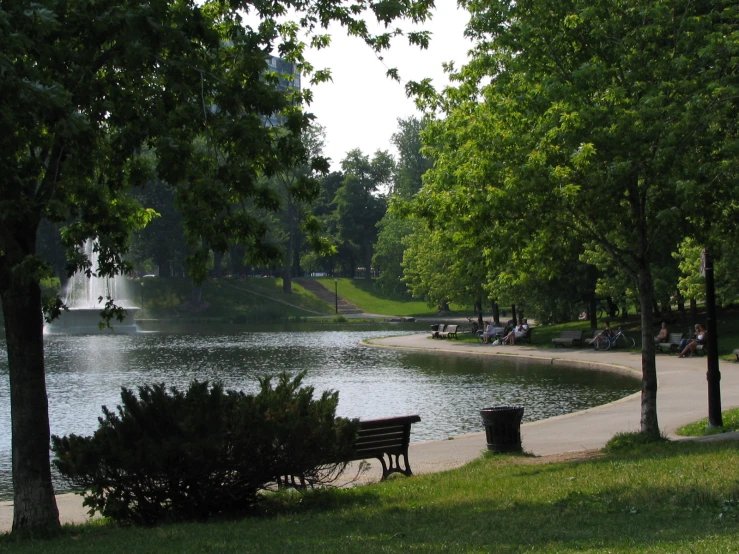 a park area features a small lake with a fountain and bench along the grass
