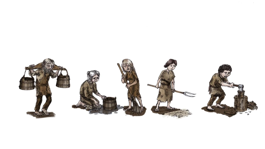 an old drawing of people doing various jobs