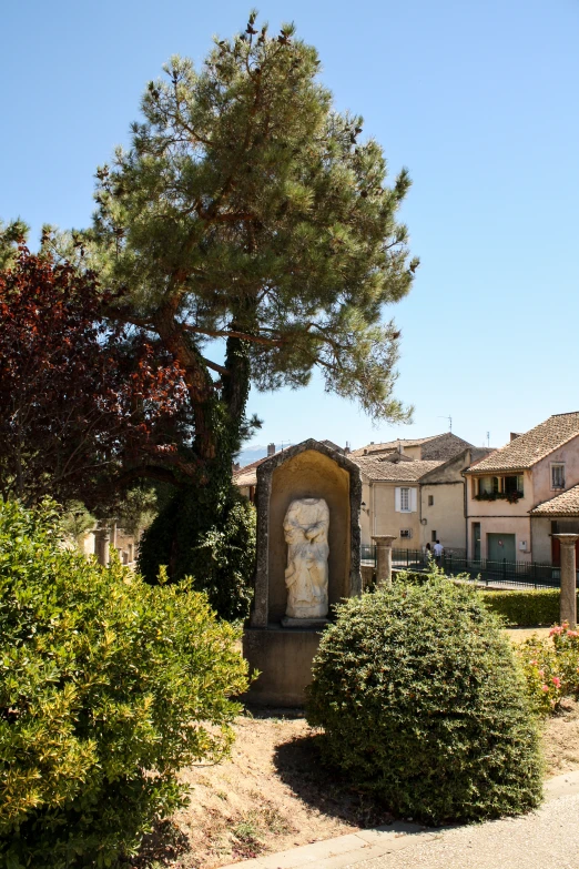 trees with bushes and hedges around a statue