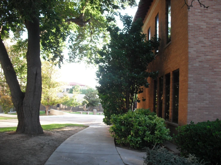 a sidewalk in front of a brown building and tree