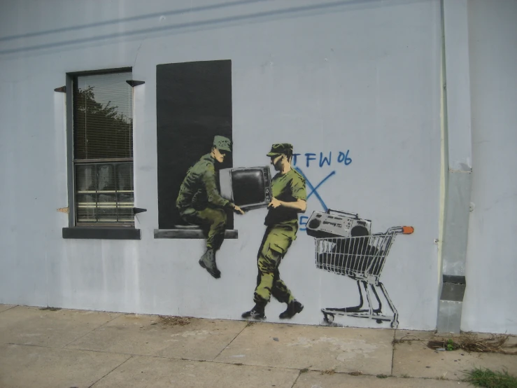 a painting of two soldiers next to a shop