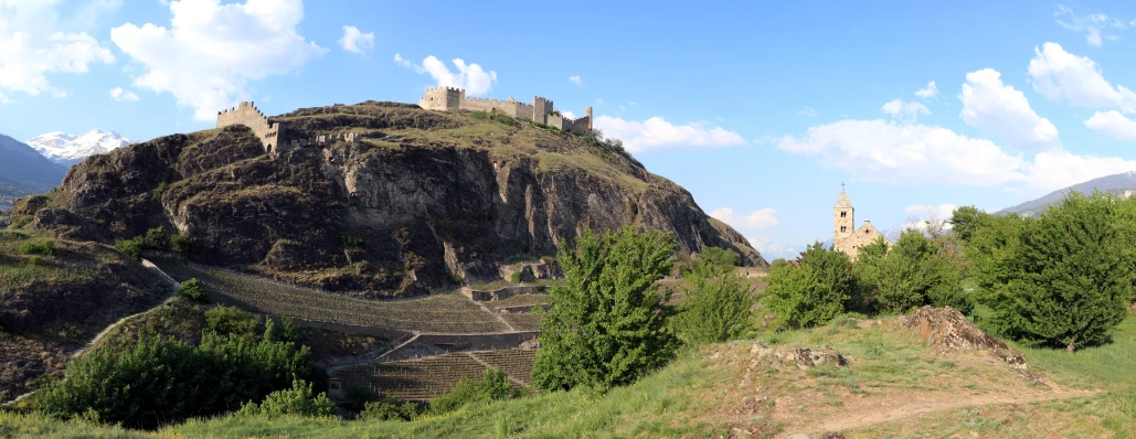 a castle atop a rocky hill surrounded by trees