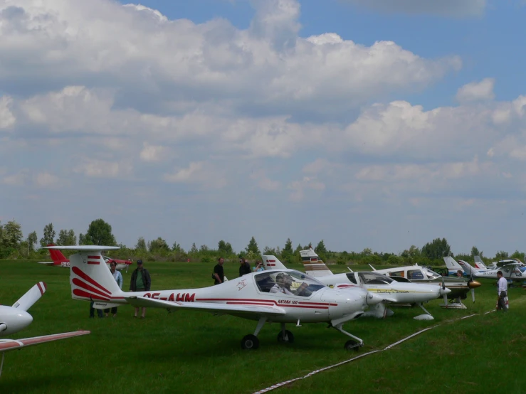 a group of people standing in the grass by small airplanes