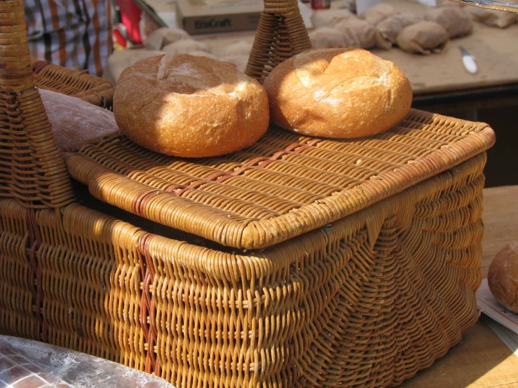 a wicker basket holding bread loafs on a counter