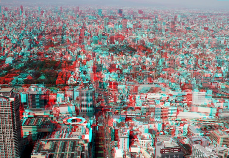 a very large city with red and blue 3d buildings