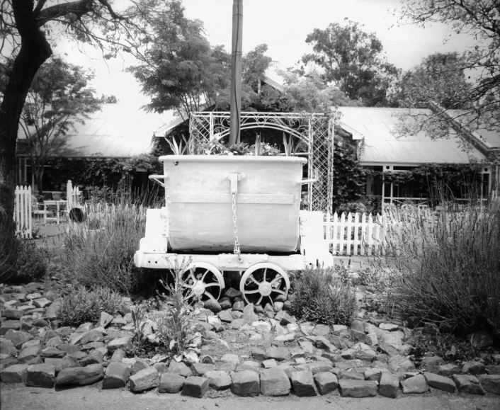 black and white pograph of old wagons in a yard