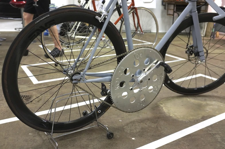 a bike wheel that has been fixed with a bicycle on it