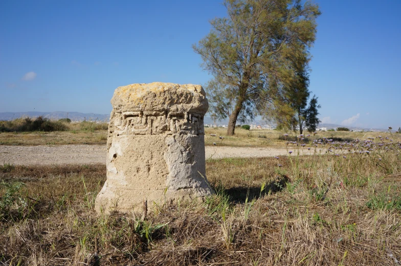 an old stone pillar surrounded by grass and dead trees