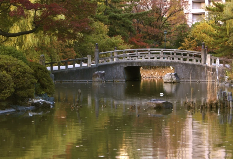 a bridge across a lake surrounded by autumn trees