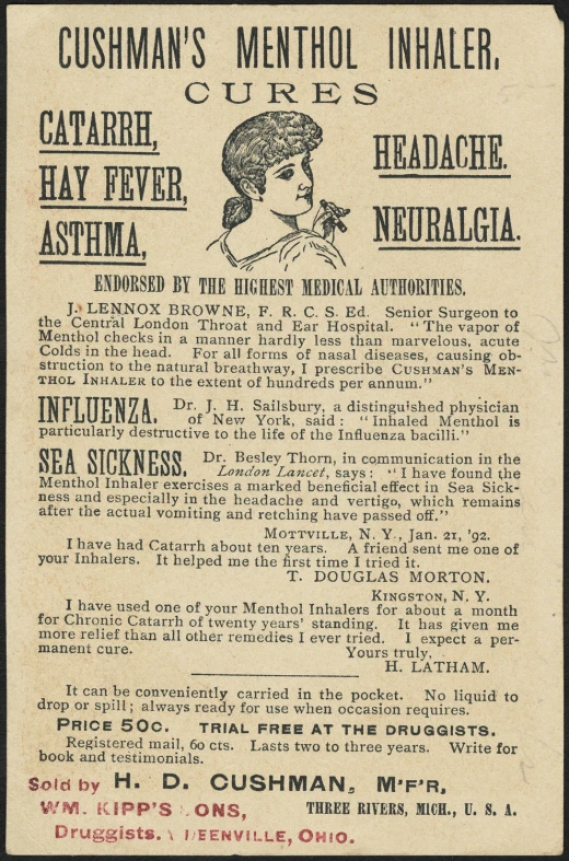 an old print ad for the establishment of cushman's mental insaler