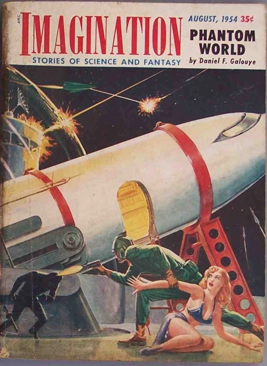 a vintage book cover of an illustration of a man and woman looking into a rocket