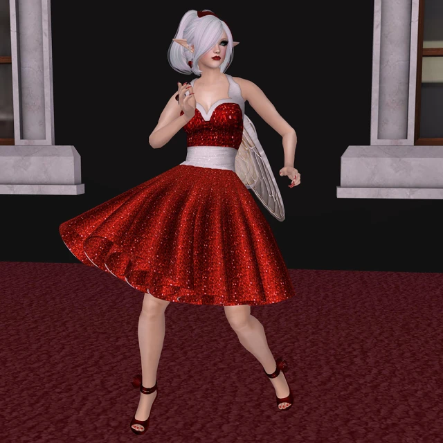 a woman in a dress is wearing red heels