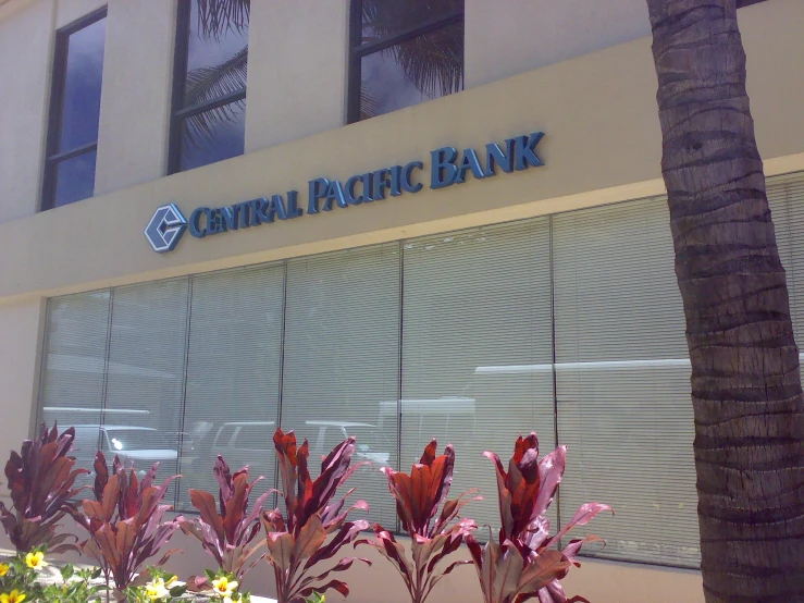 the front of the central pacific bank, located on an apartment building