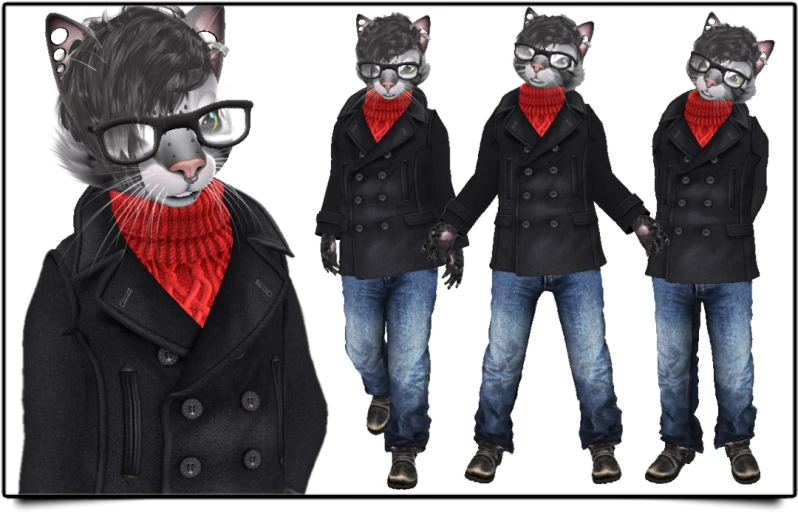 a cat is dressed in a man's clothing and wearing eye glasses