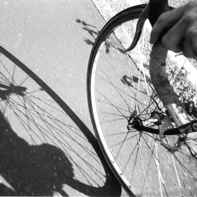 the shadow of a bicycle wheel and a bicycle tire