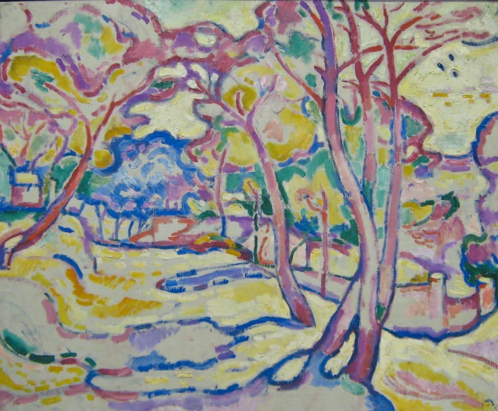 painting of trees in bright colors on a white wall