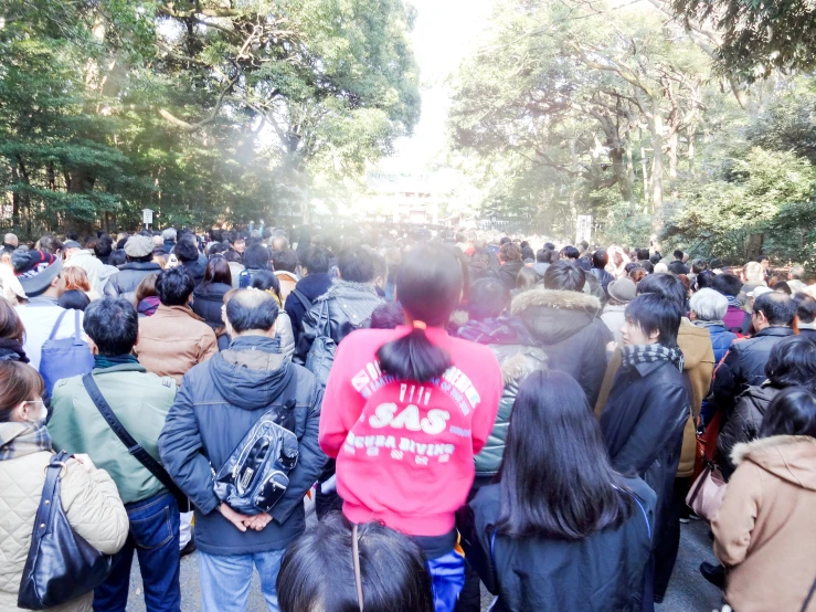 a large crowd of people walking down a path through a forest