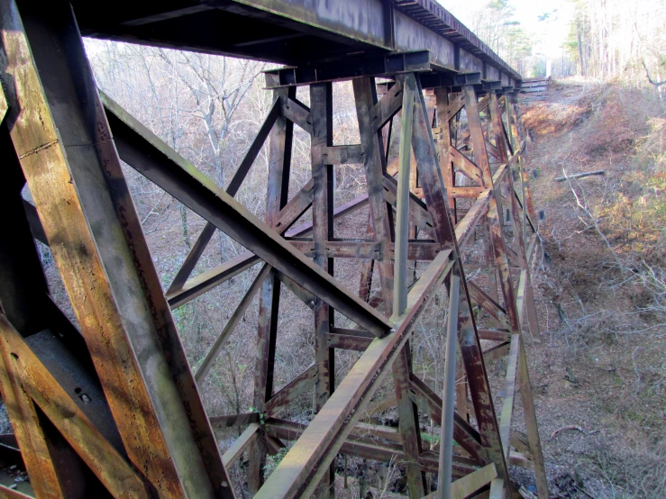 a rusty metal bridge over some bushes and trees