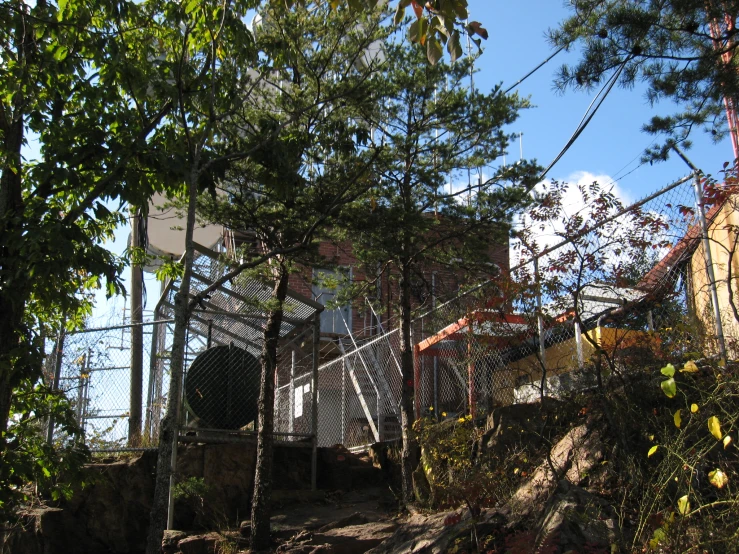 an enclosed area surrounded by trees in the day