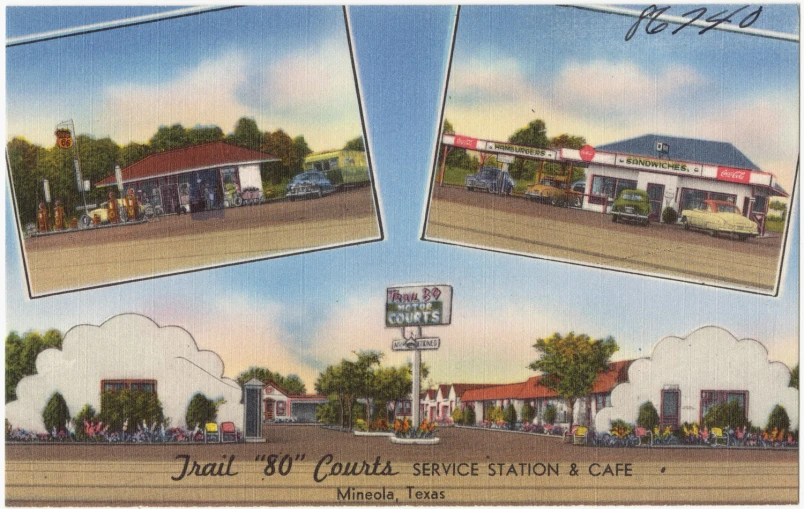 this postcard shows gas station with a lot of people