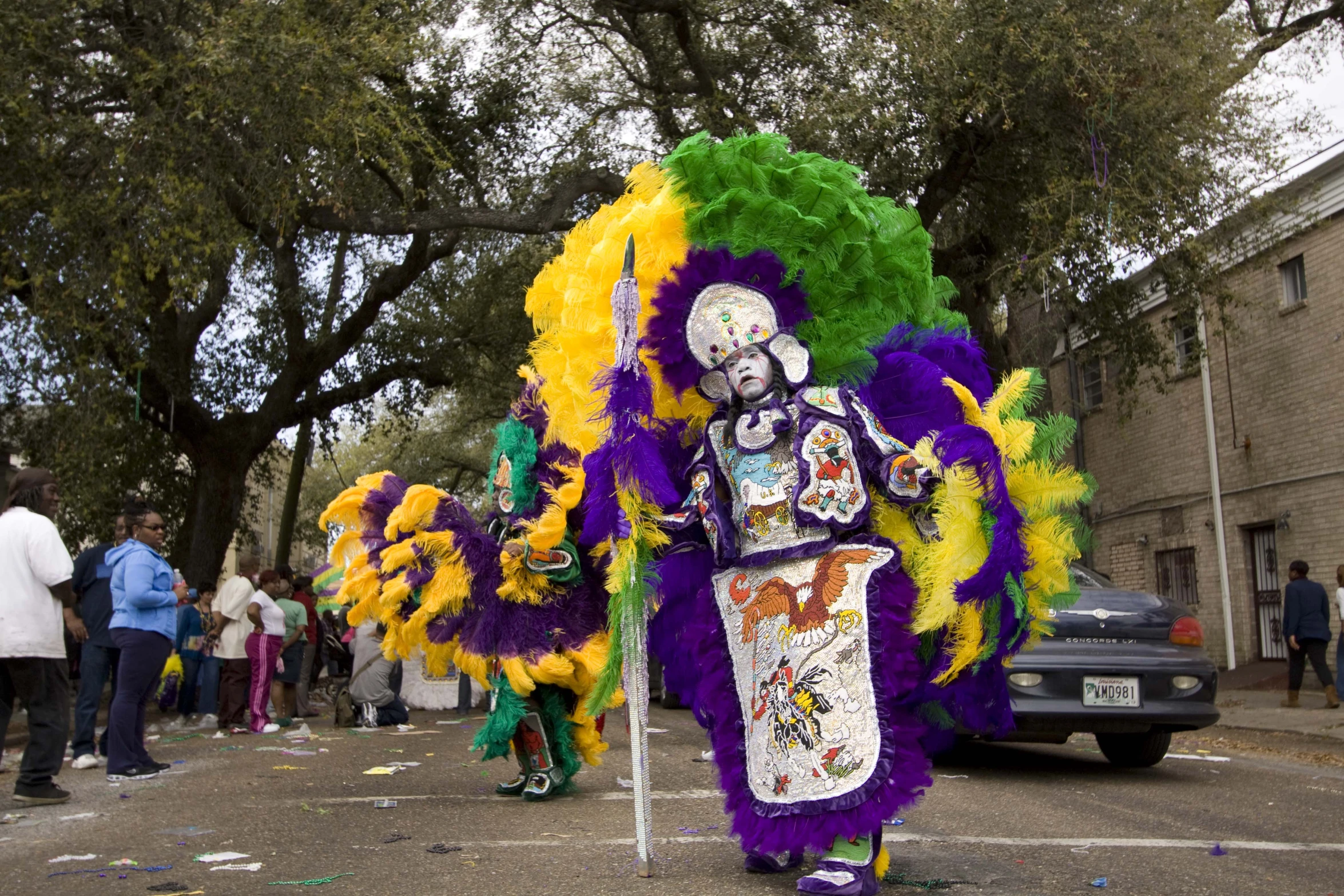 a street entertainer with feathers on his head and costume