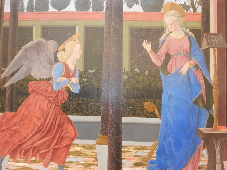 a painting with two women in renaissance clothing talking to each other