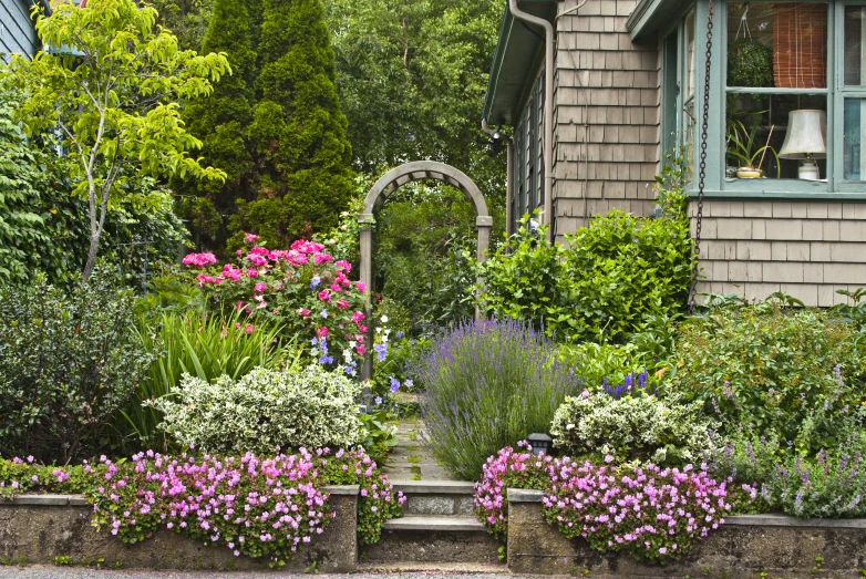 a house with several beautiful garden plants around it