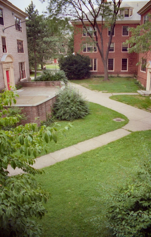 a very long path that runs down the side of a building