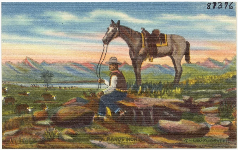 a picture of an old style picture of a cowboy with a horse