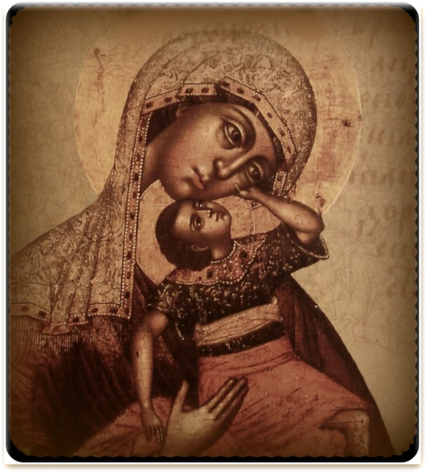an image of a very old painting with a woman holding a child