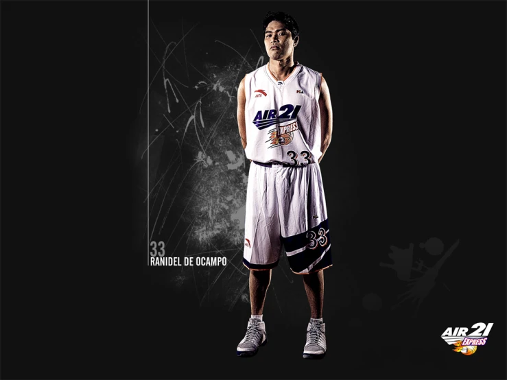 a man in a basketball uniform standing on a black and white background