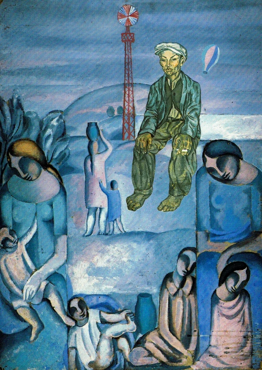 an artistic painting showing people and a tower