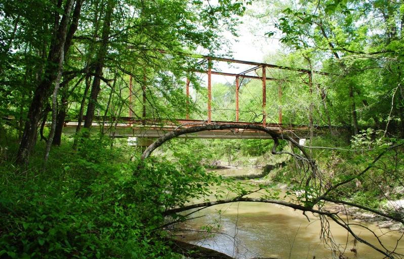 there is a very old iron bridge in the woods