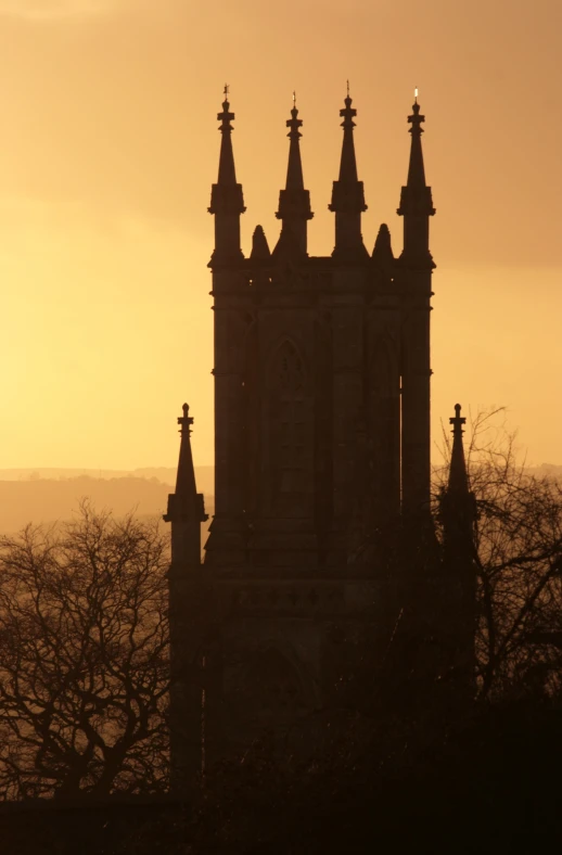 an old cathedral tower at sunset, looking out across a tree