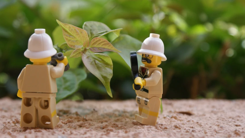 two lego people that are standing in the dirt