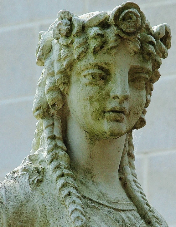 a close up of the face and head of a statue