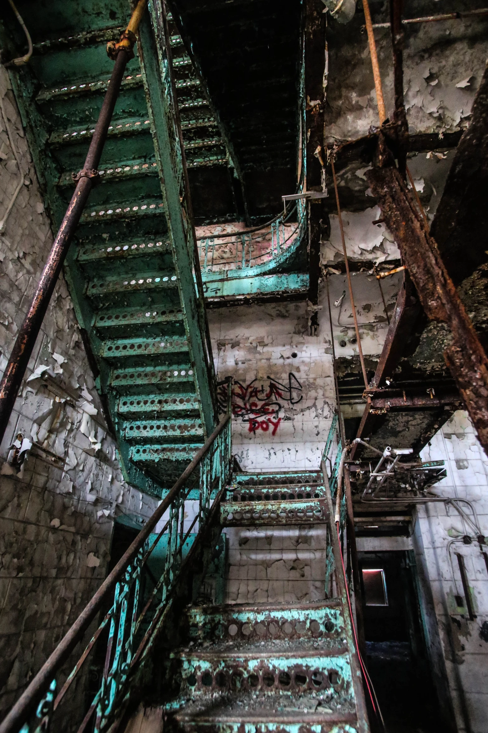 a stairway leading to the upper level of a building