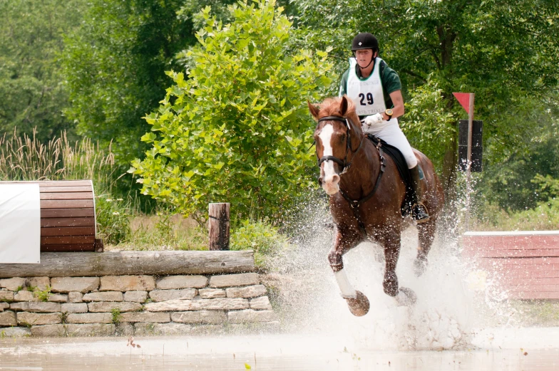 a man riding on the back of a brown horse