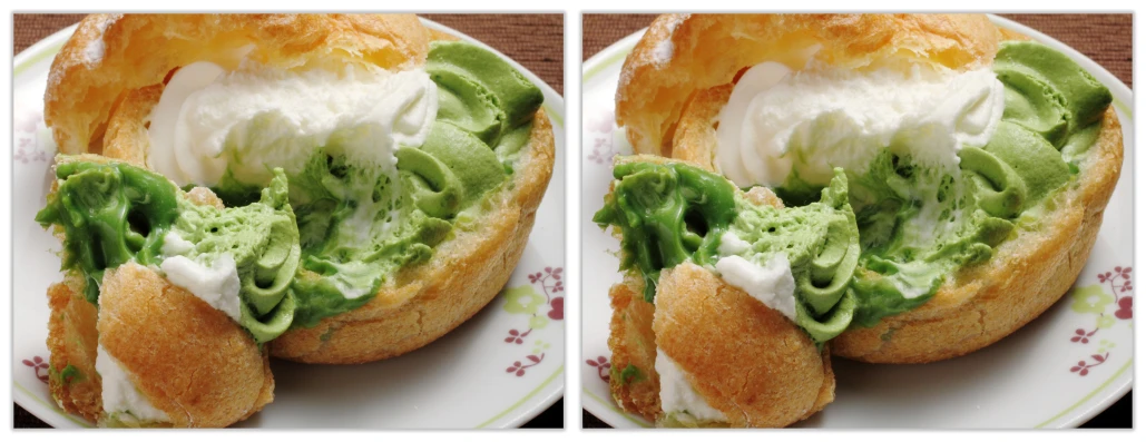 two different angles of a bun that has green food inside of it