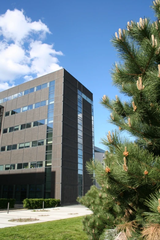 the side of an office building against a blue sky