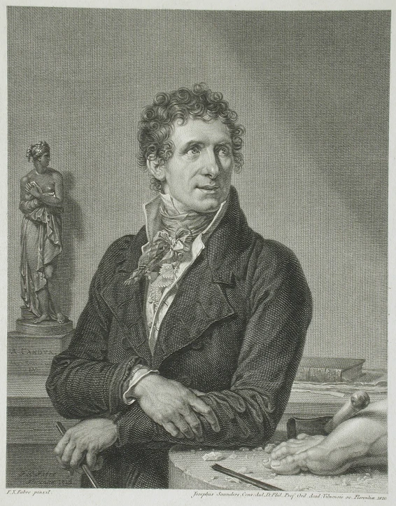 an engraving drawing of a man sitting at a desk