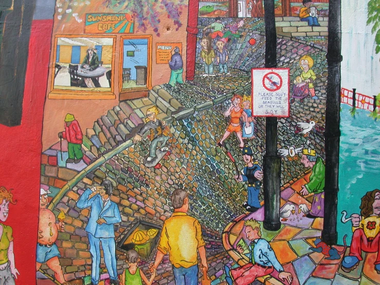 a mural painted in colorful colors shows pedestrians and people