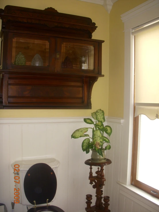 a plant is shown on a pedestal in the corner of a bathroom