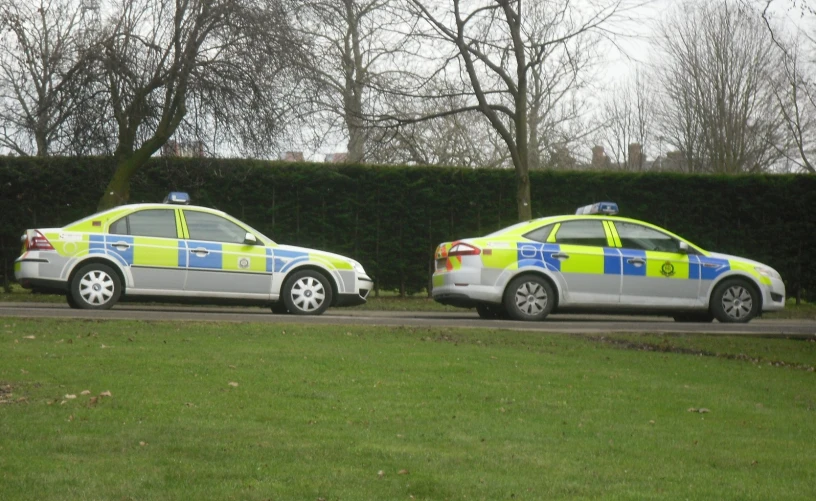 two police cars are parked on the side of the road