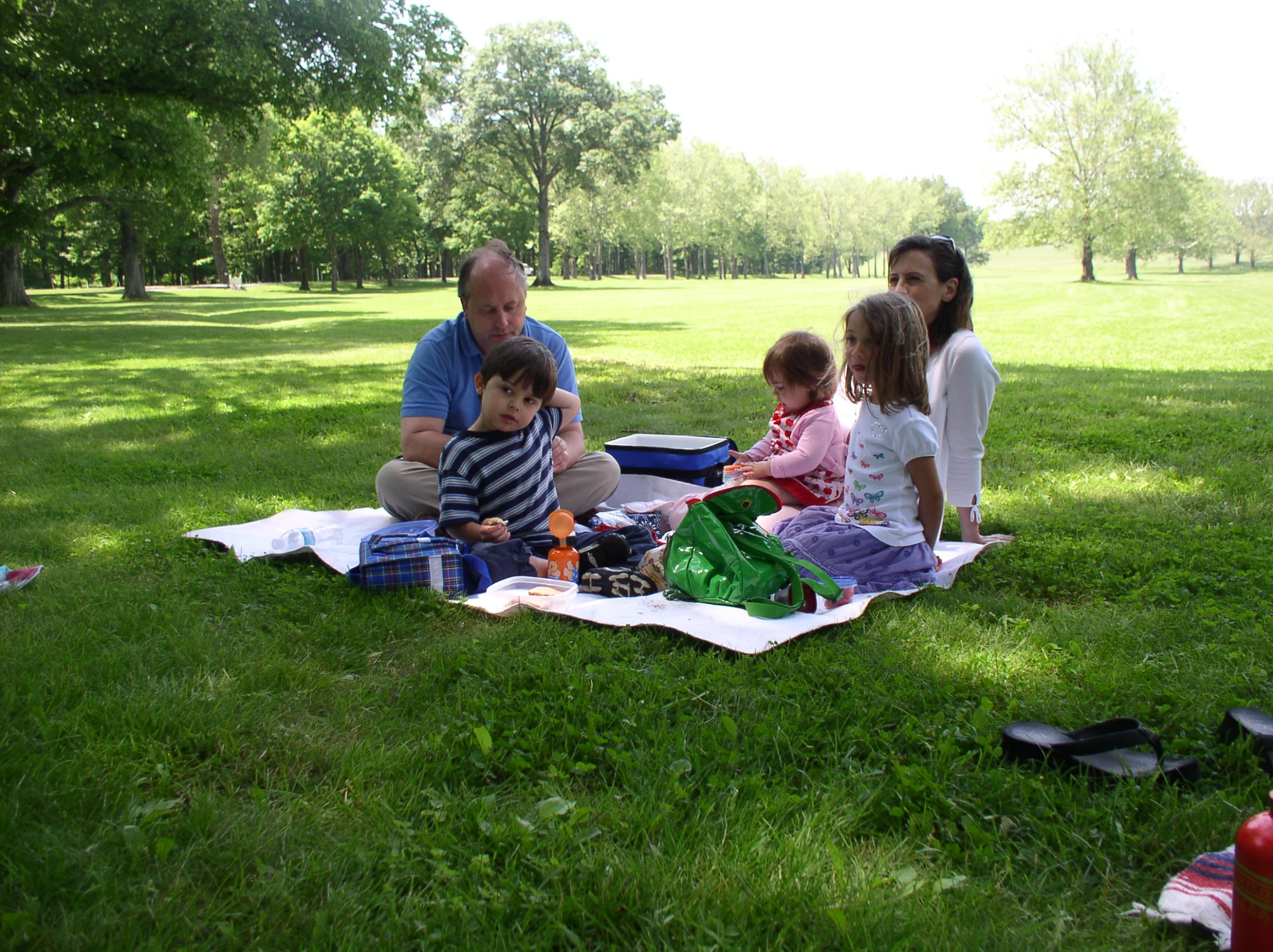 a man sitting on top of a field with two children and an adult