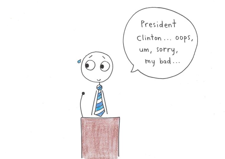 a cartoon of a man sitting at a podium thinking about president clinton