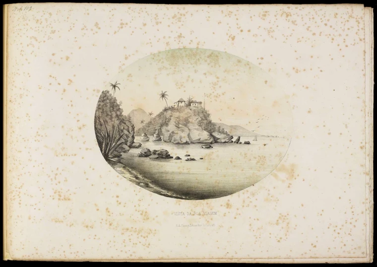 an ink drawing shows a landscape in the distance